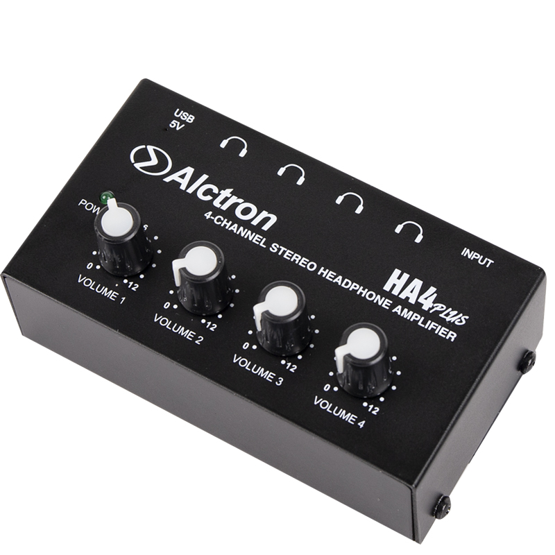 AMPLIFICADOR DE AUDIFONOS ALCTRON, 4 SALIDAS, ACERO NEGRO, CONECTOR USB