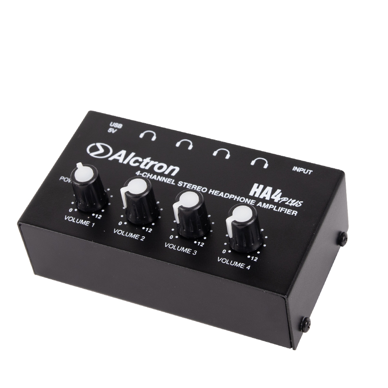 AMPLIFICADOR DE AUDIFONOS ALCTRON, 4 SALIDAS, ACERO NEGRO, CONECTOR USB